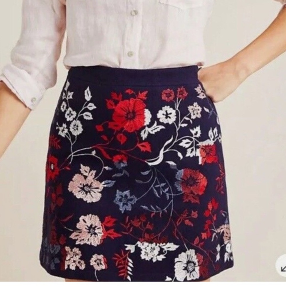 Maeve by Anthropologie black Mini Floral Embroidered Pencil Skirt Red White